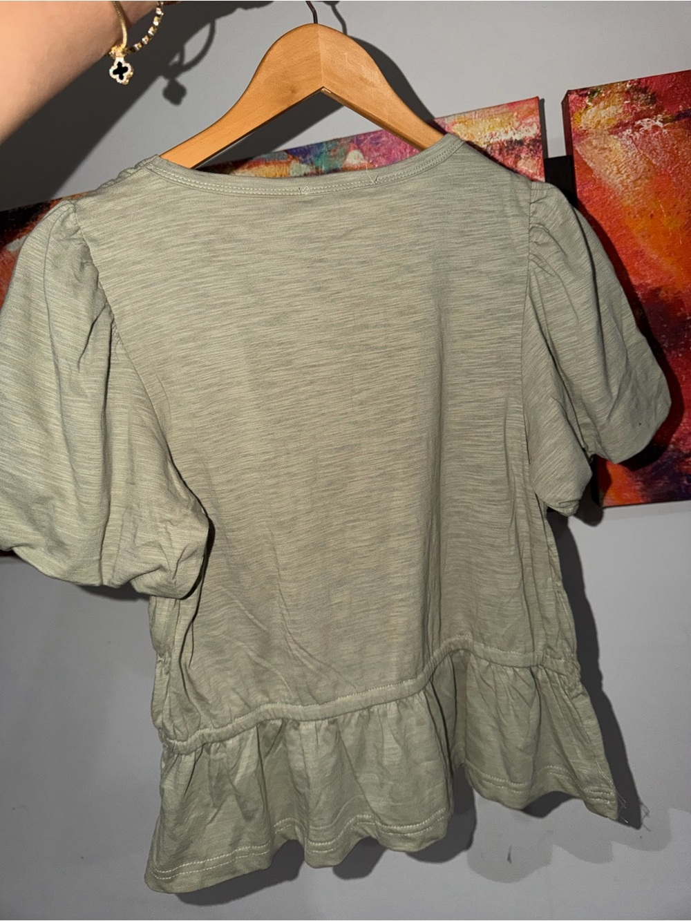 Olive Green Smocked Peplum Puff-Sleeve Top. Size: S. - Picture 2 of 7